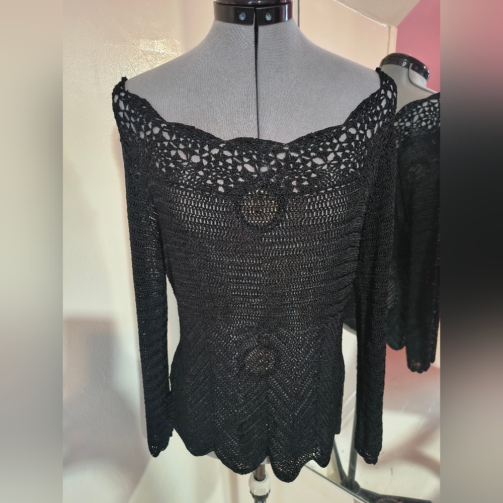 Black Off-the-Shoulder Crochet Sweater - Women's Elegant Knit